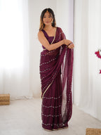 Jyoti Fashion Women's Wine Soft Sitara Embroidered Designer Saree with Blouse | Grocsy