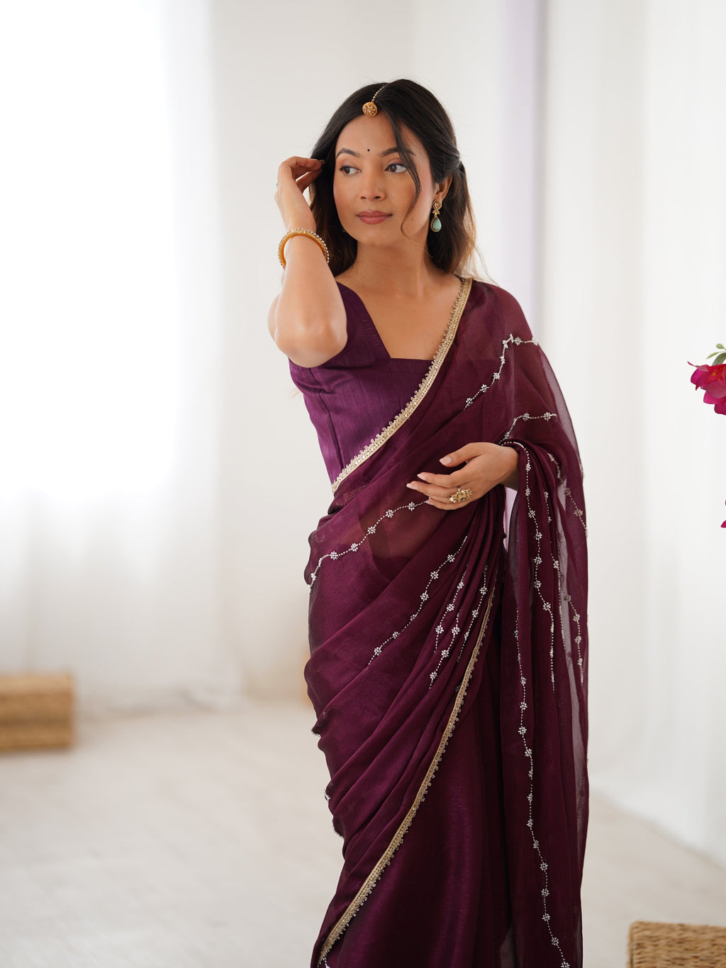 Jyoti Fashion Women's Wine Soft Sitara Embroidered Designer Saree with Blouse | Grocsy