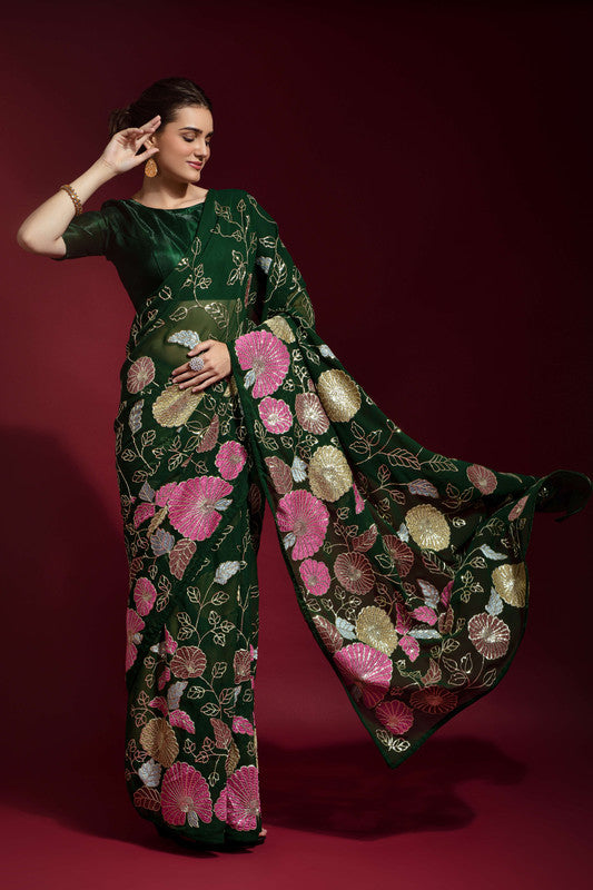 Jyoti Fashion Women's Green Sequence Embroidery Georgette Saree with Blouse | Grocsy