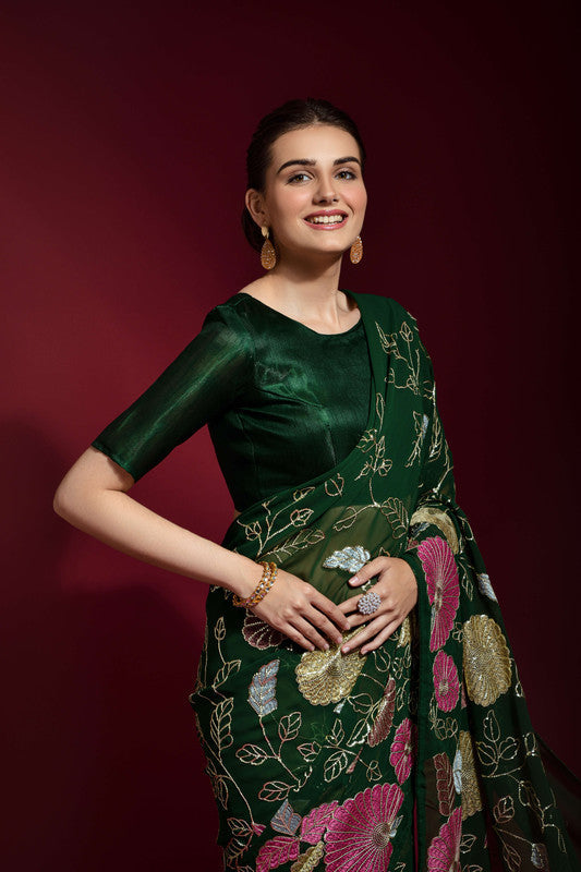 Jyoti Fashion Women's Green Sequence Embroidery Georgette Saree with Blouse | Grocsy