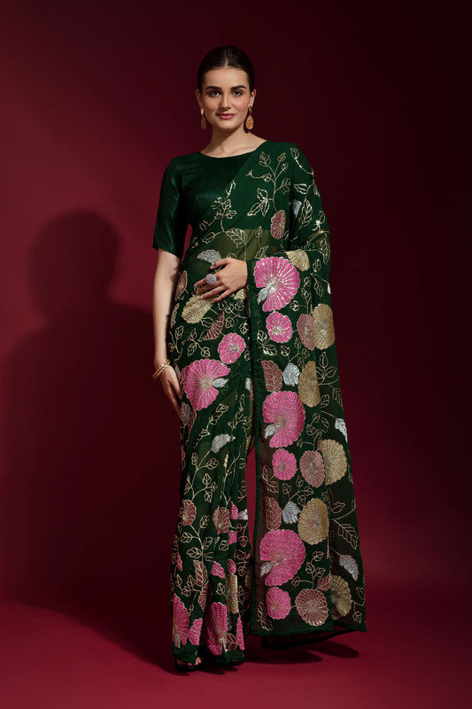 Jyoti Fashion Women's Green Sequence Embroidery Georgette Saree with Blouse | Grocsy