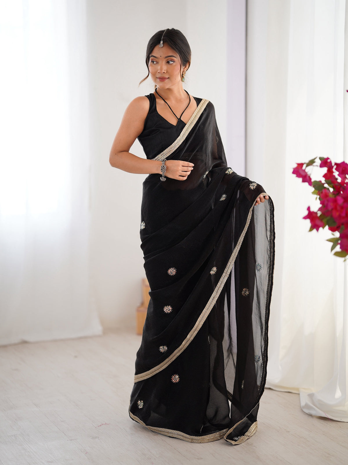 Jyoti Fashion Women's Black Fandy Silk Embroidered Designer Saree with Blouse | Grocsy