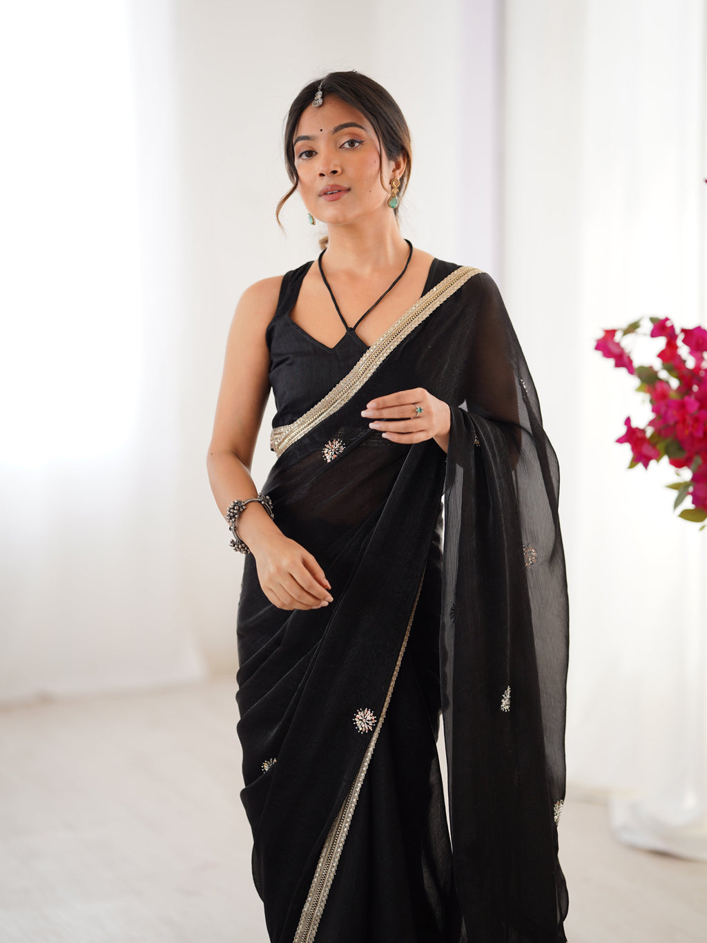 Jyoti Fashion Women's Black Fandy Silk Embroidered Designer Saree with Blouse | Grocsy