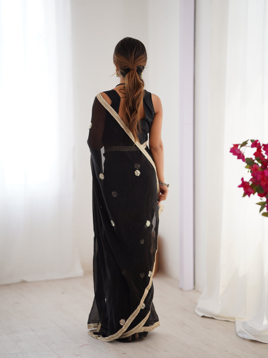 Jyoti Fashion Women's Black Fandy Silk Embroidered Designer Saree with Blouse | Grocsy