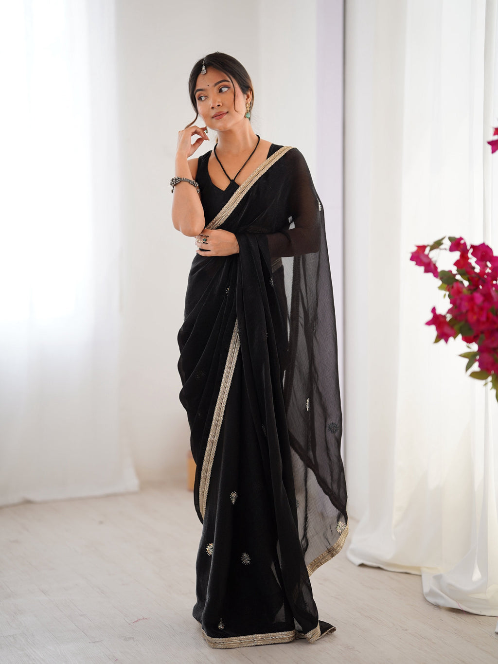 Jyoti Fashion Women's Black Fandy Silk Embroidered Designer Saree with Blouse | Grocsy