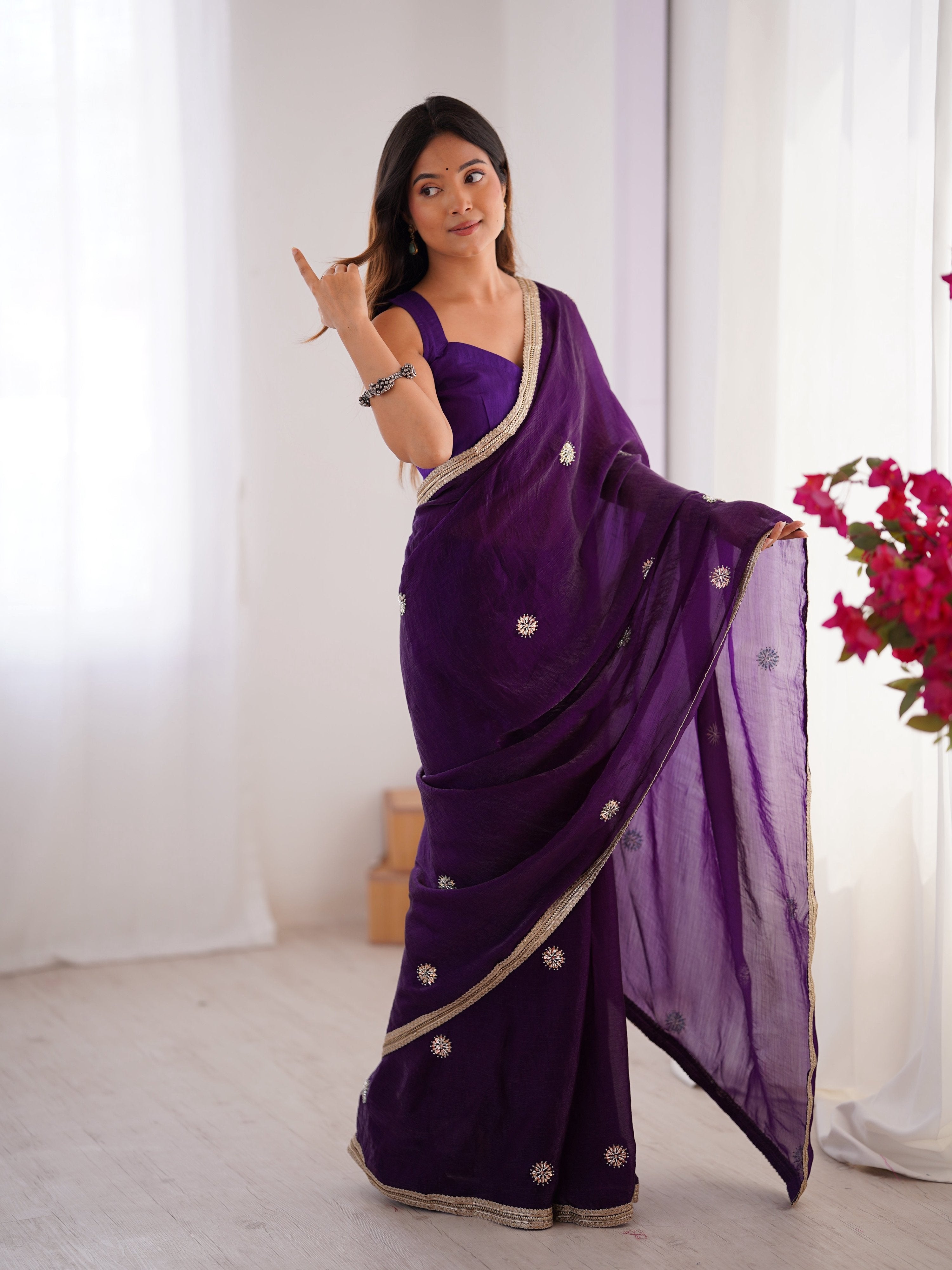 Jyoti Fashion Women's Purple Fandy Silk Embroidered Designer Saree with Blouse | Grocsy