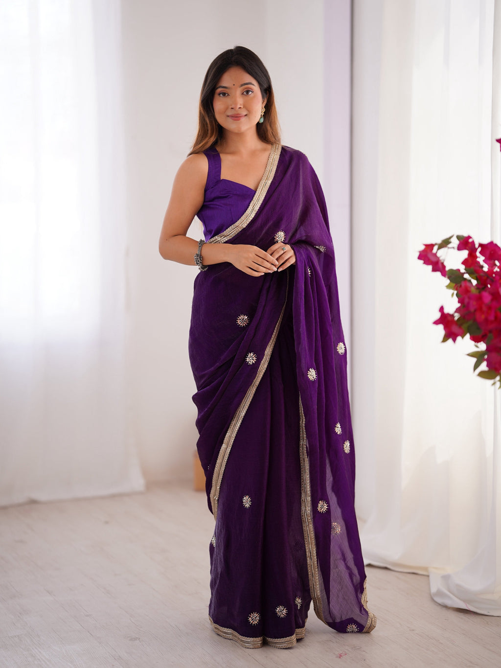 Jyoti Fashion Women's Purple Fandy Silk Embroidered Designer Saree with Blouse | Grocsy