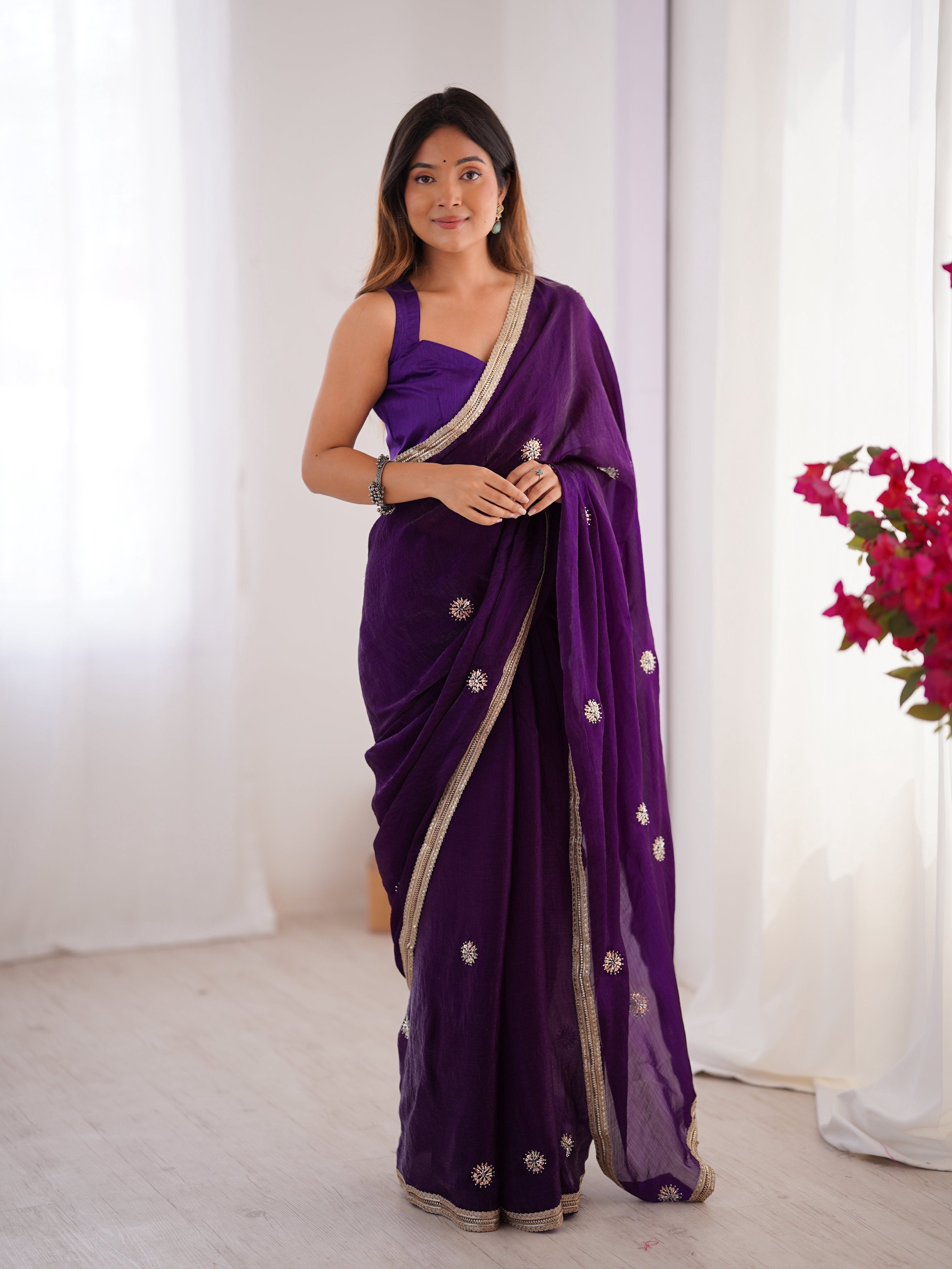 Jyoti Fashion Women's Purple Fandy Silk Embroidered Designer Saree with Blouse | Grocsy