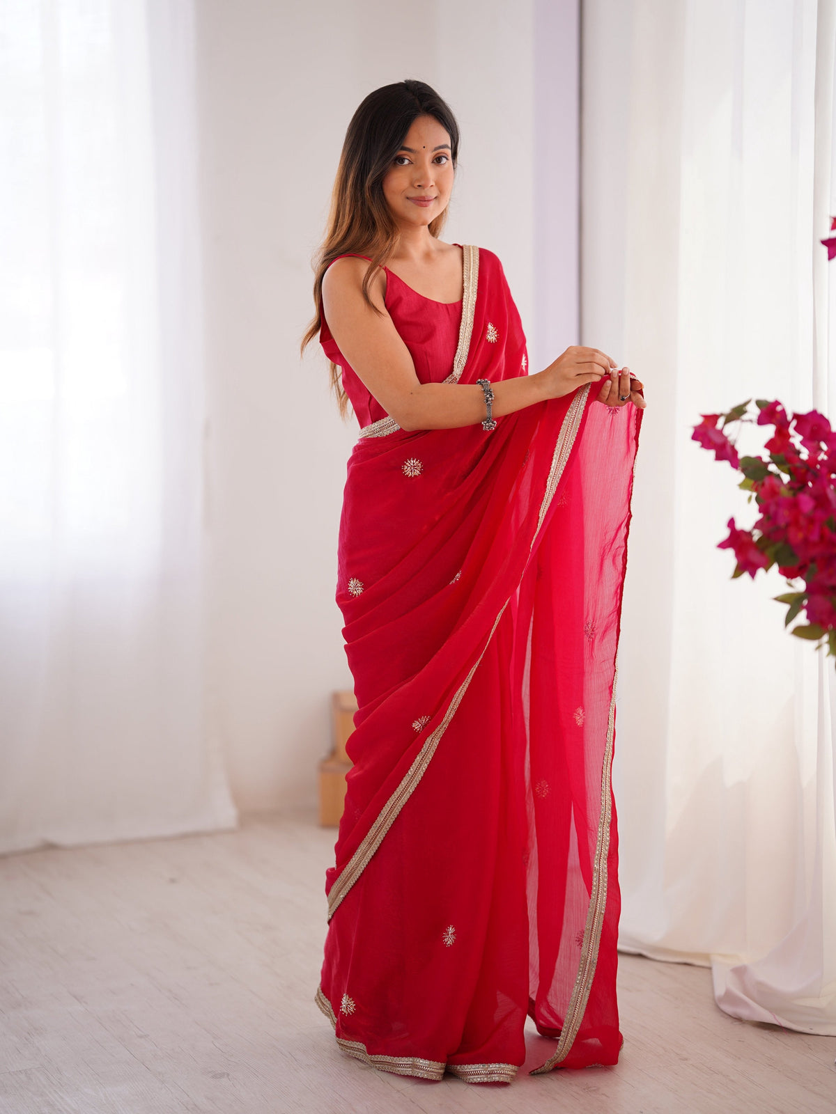 Jyoti Fashion Women's Pink Fandy Silk Embroidered Designer Saree with Blouse | Grocsy
