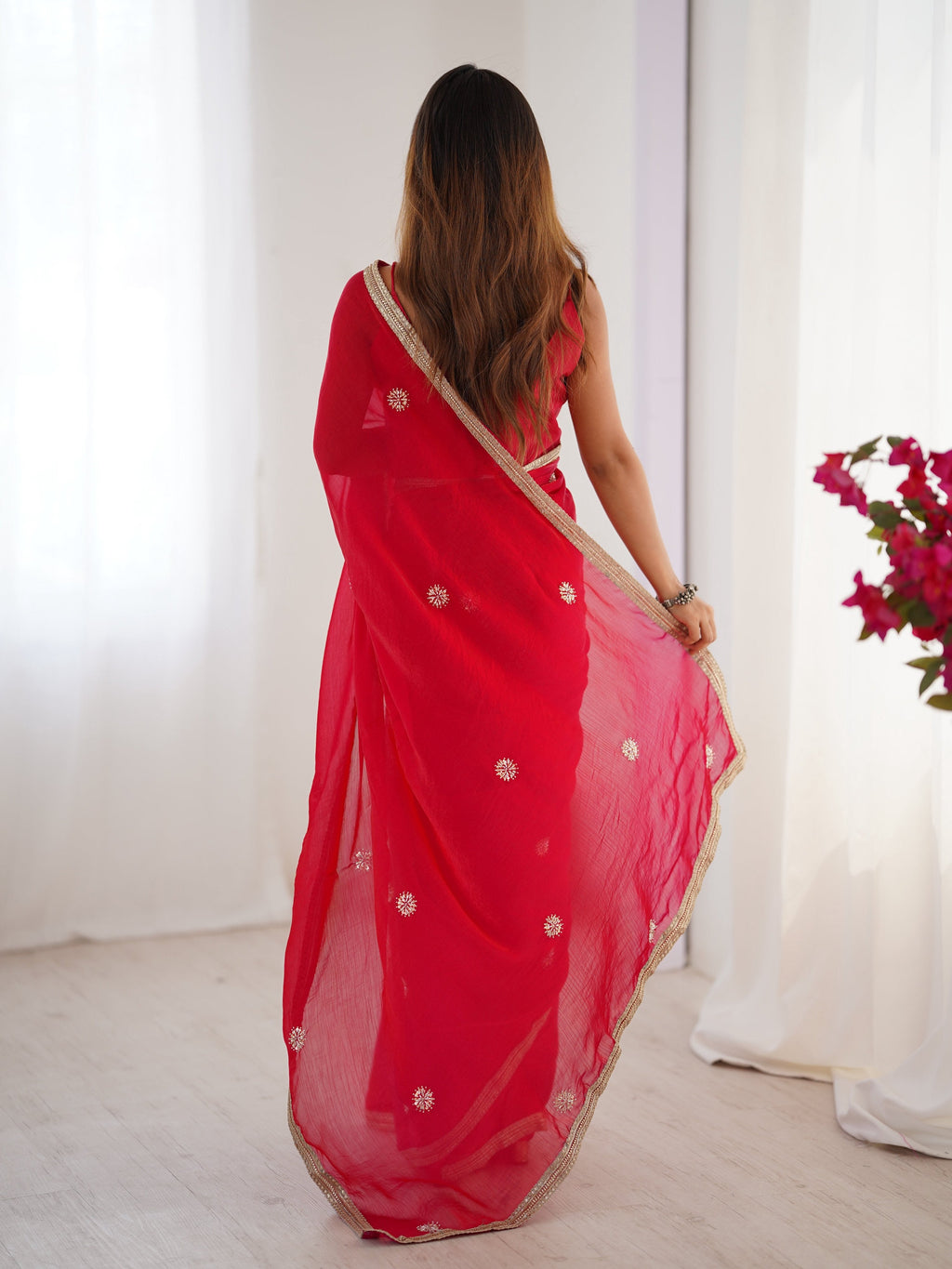 Jyoti Fashion Women's Pink Fandy Silk Embroidered Designer Saree with Blouse | Grocsy