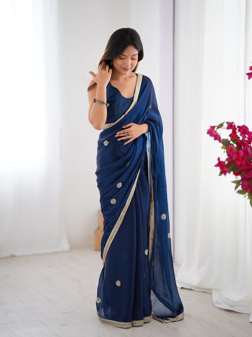 Jyoti Fashion Women's Teal Fandy Silk Embroidered Designer Saree with Blouse | Grocsy