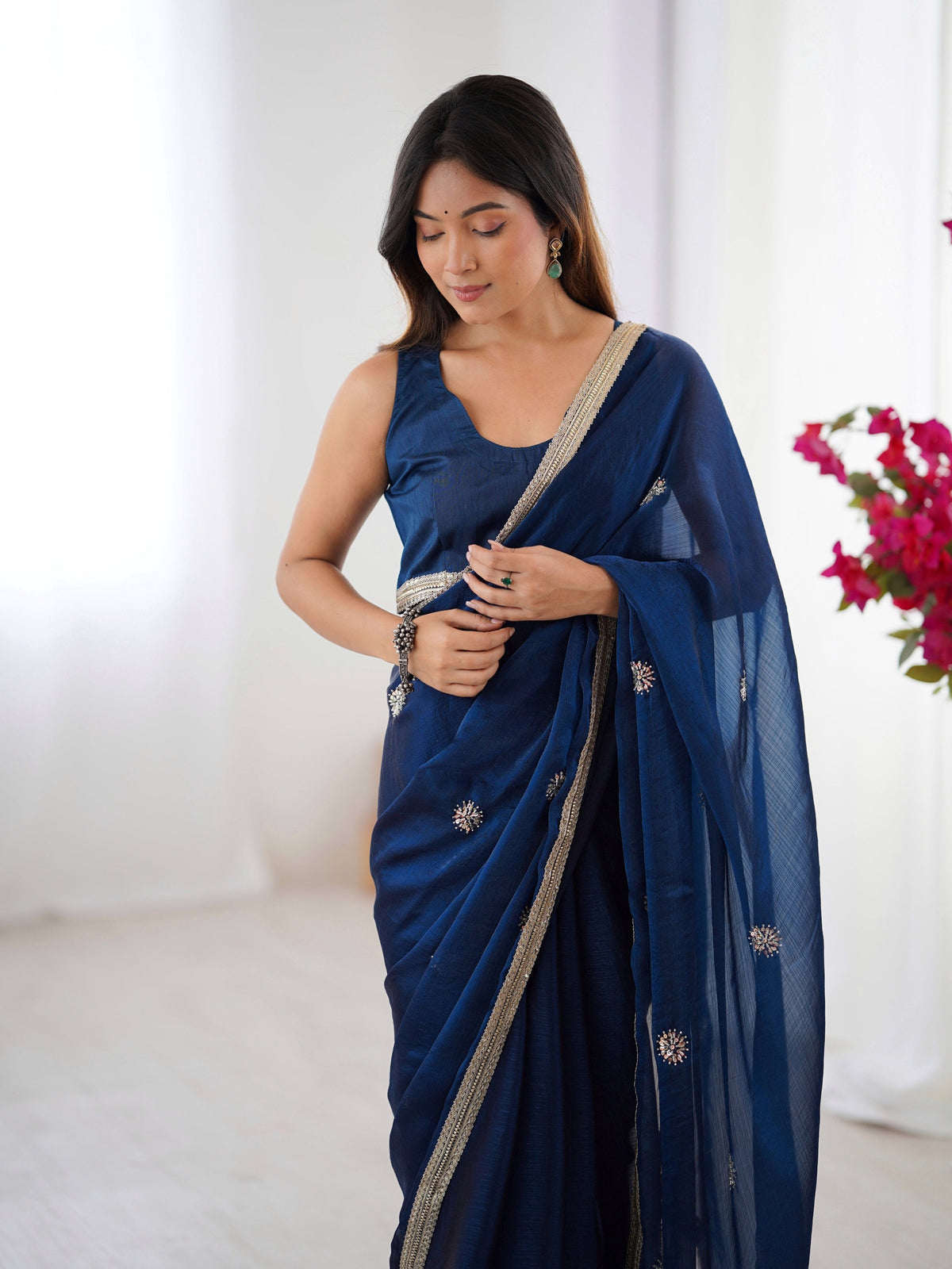 Jyoti Fashion Women's Teal Fandy Silk Embroidered Designer Saree with Blouse | Grocsy