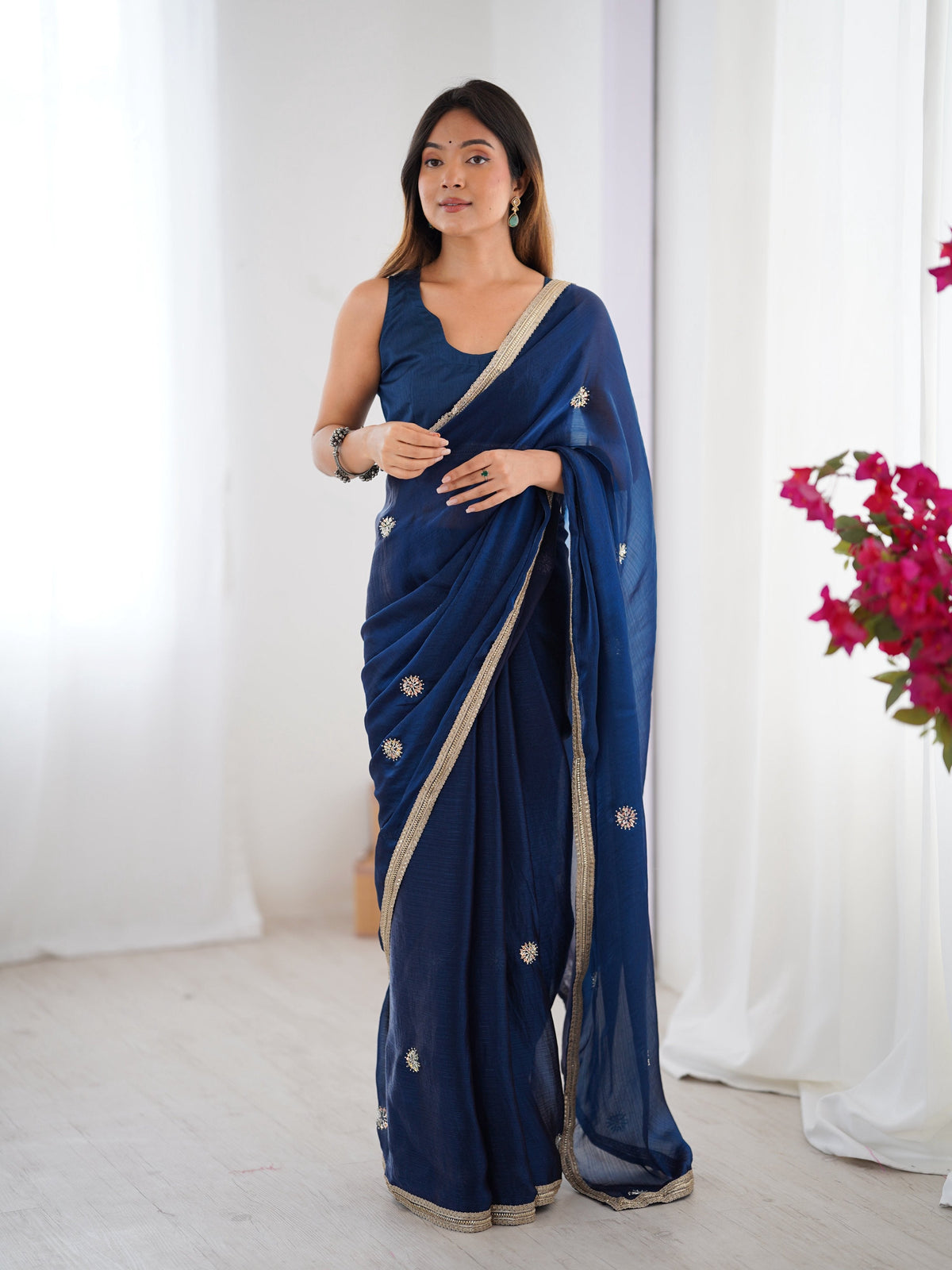 Jyoti Fashion Women's Teal Fandy Silk Embroidered Designer Saree with Blouse | Grocsy