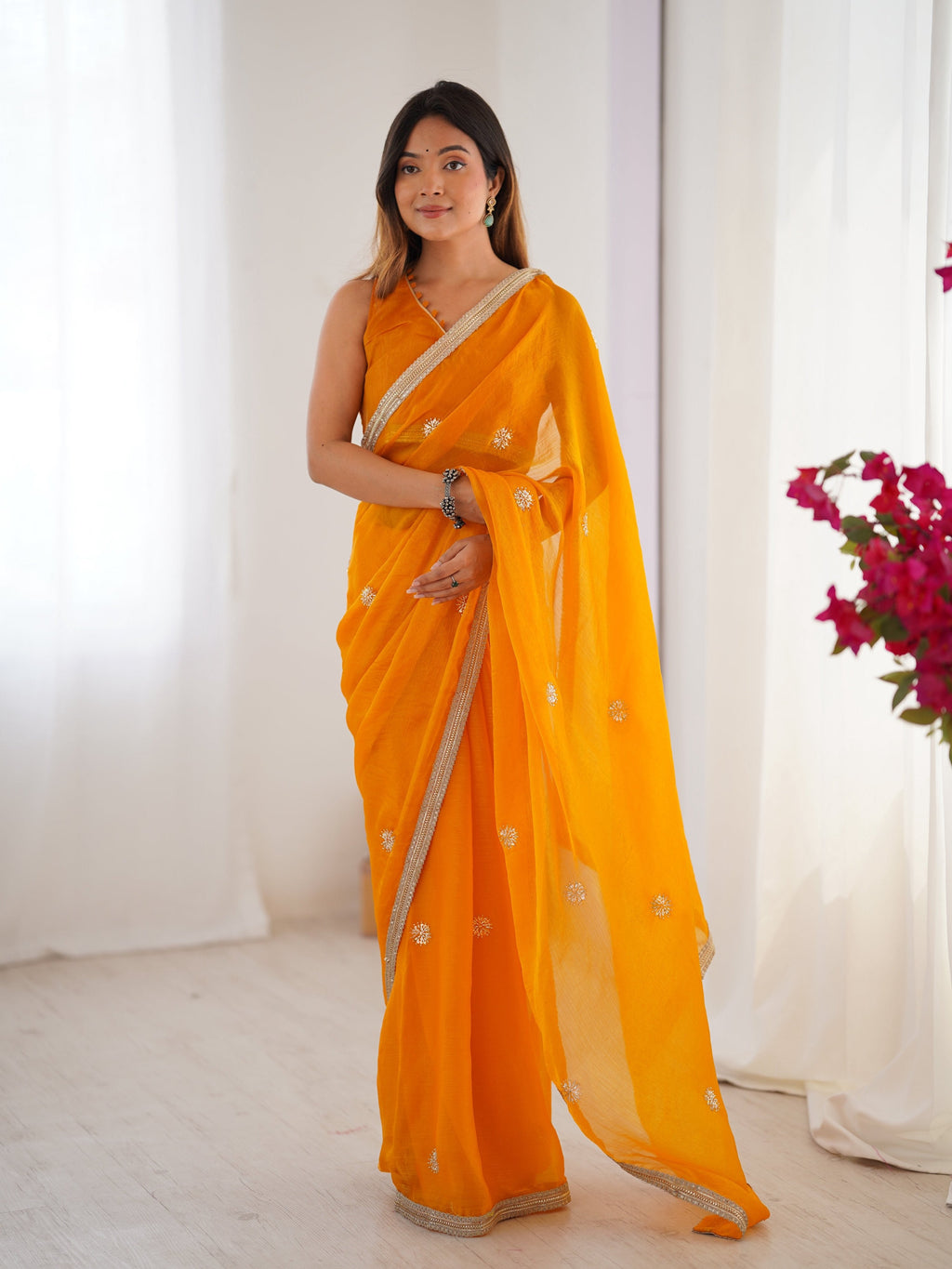 Jyoti Fashion Women's Yellow Fandy Silk Embroidered Designer Saree with Blouse | Grocsy