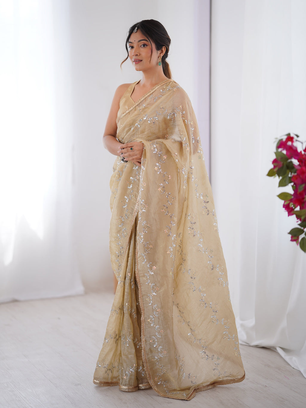 Jyoti Fashion Women's Beige Soft Gold Crush Embroidered Designer Saree with Blouse | Grocsy