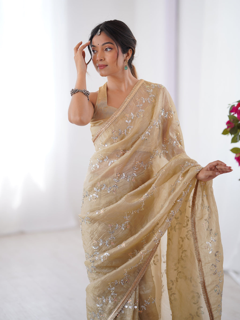 Jyoti Fashion Women's Beige Soft Gold Crush Embroidered Designer Saree with Blouse | Grocsy
