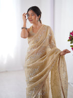 Jyoti Fashion Women's Beige Soft Gold Crush Embroidered Designer Saree with Blouse | Grocsy