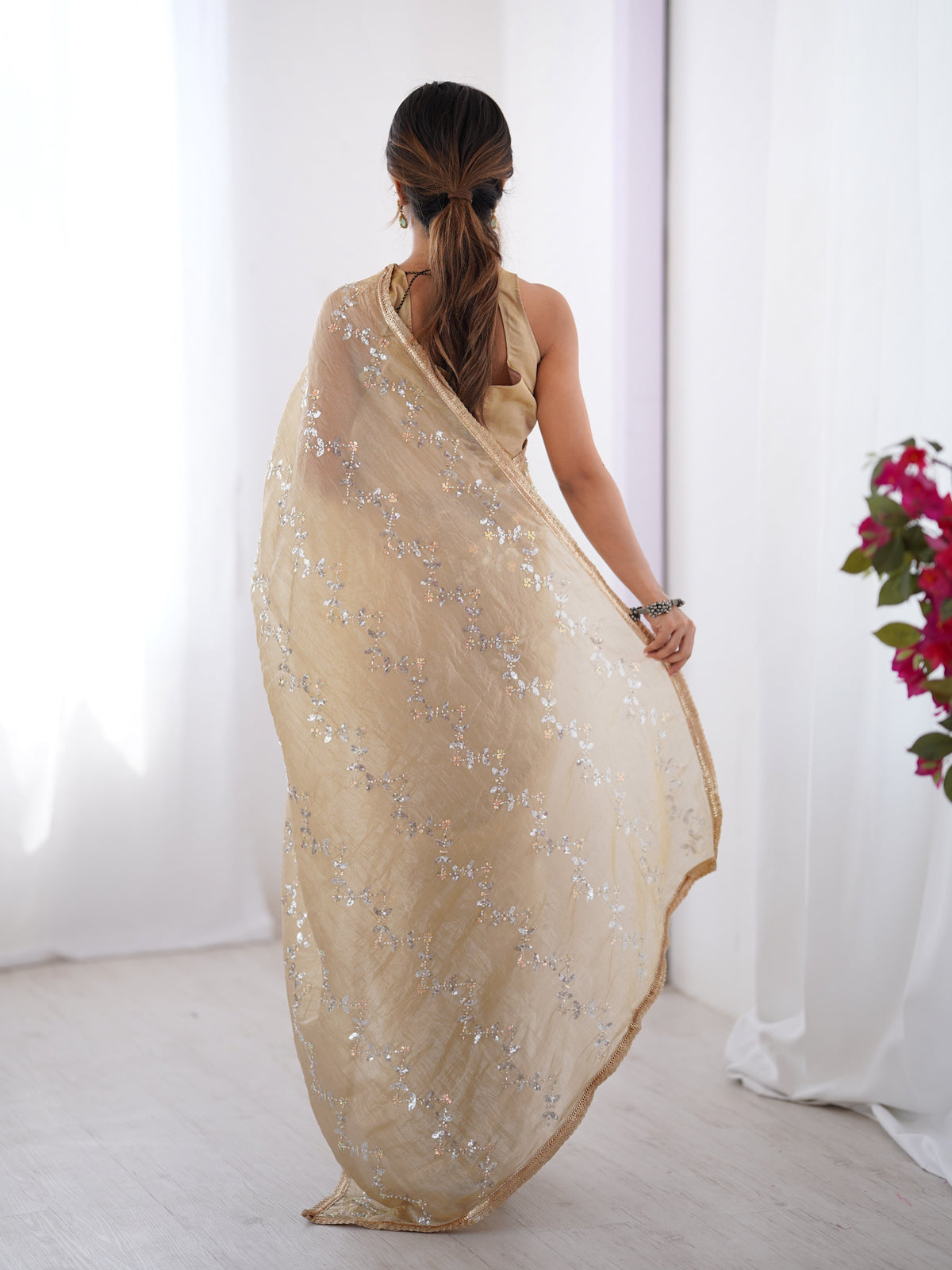 Jyoti Fashion Women's Beige Soft Gold Crush Embroidered Designer Saree with Blouse | Grocsy