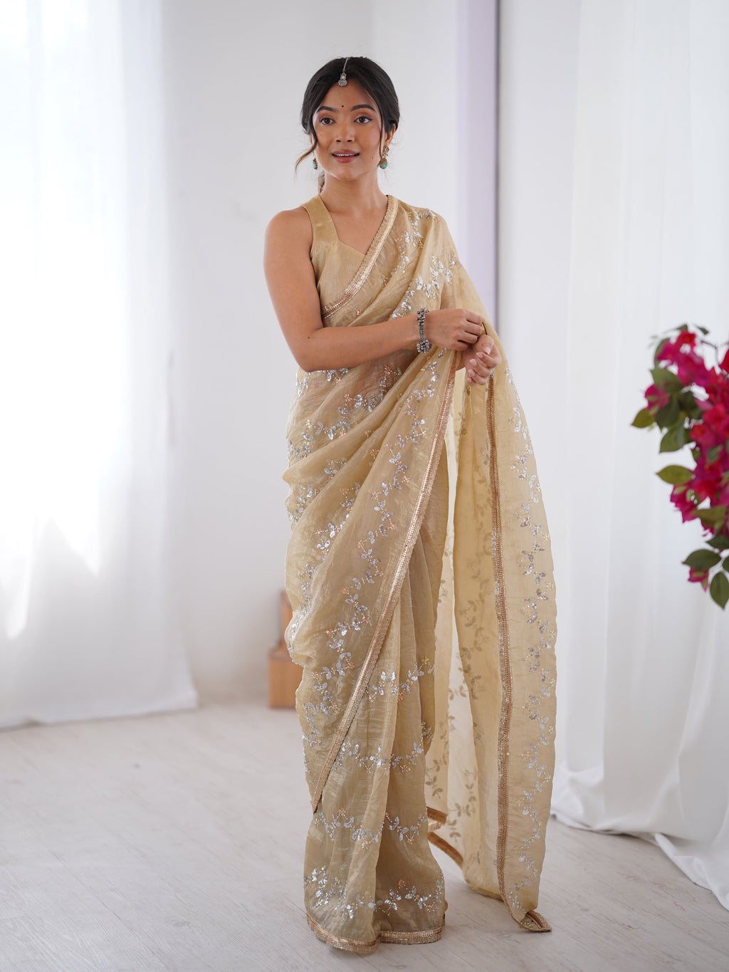 Jyoti Fashion Women's Beige Soft Gold Crush Embroidered Designer Saree with Blouse | Grocsy