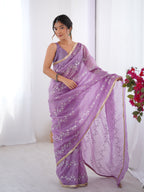 Jyoti Fashion Women's Purple Soft Gold Crush Embroidered Designer Saree with Blouse | Grocsy