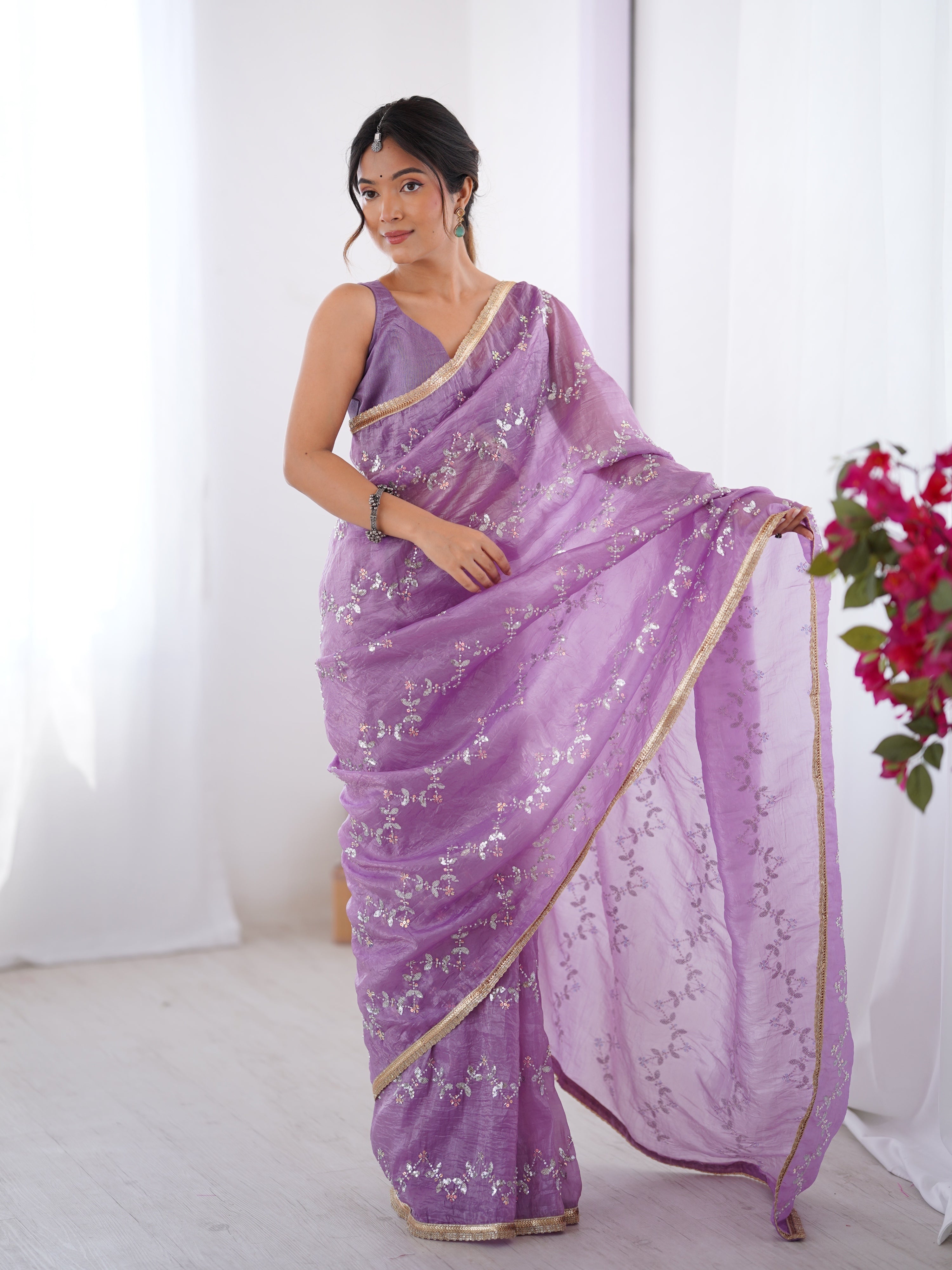 Jyoti Fashion Women's Purple Soft Gold Crush Embroidered Designer Saree with Blouse | Grocsy