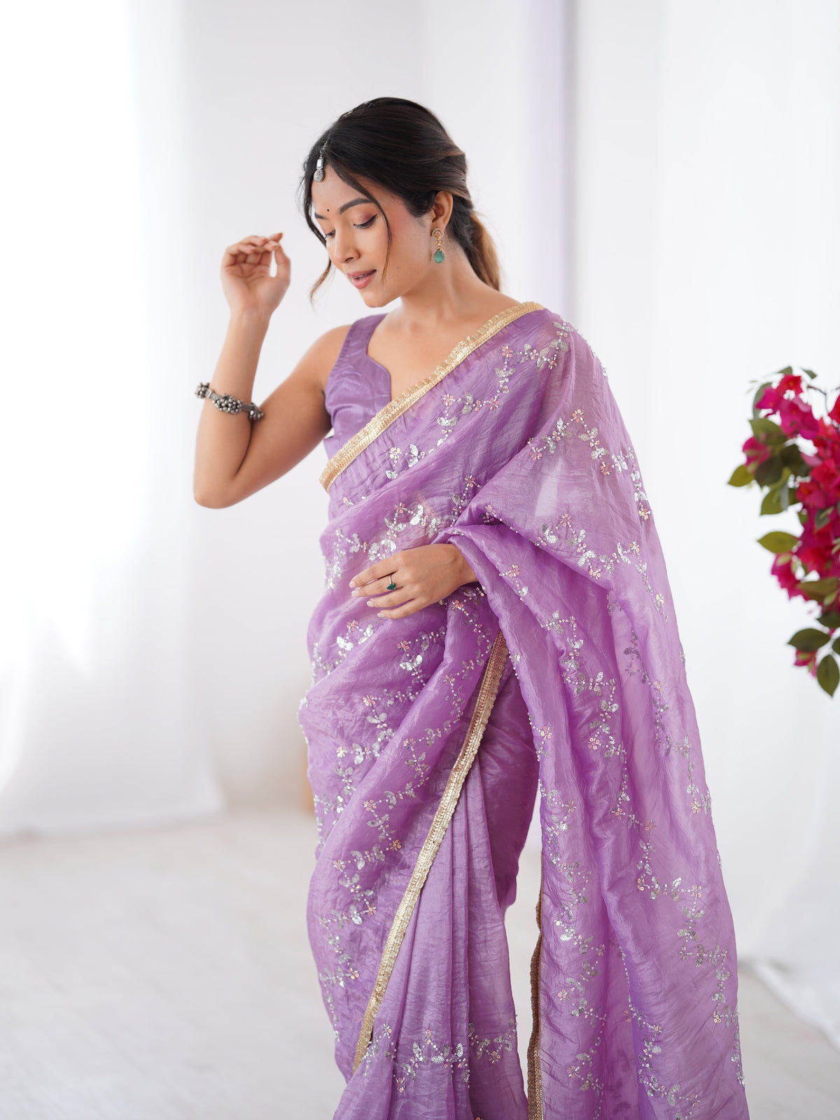 Jyoti Fashion Women's Purple Soft Gold Crush Embroidered Designer Saree with Blouse | Grocsy