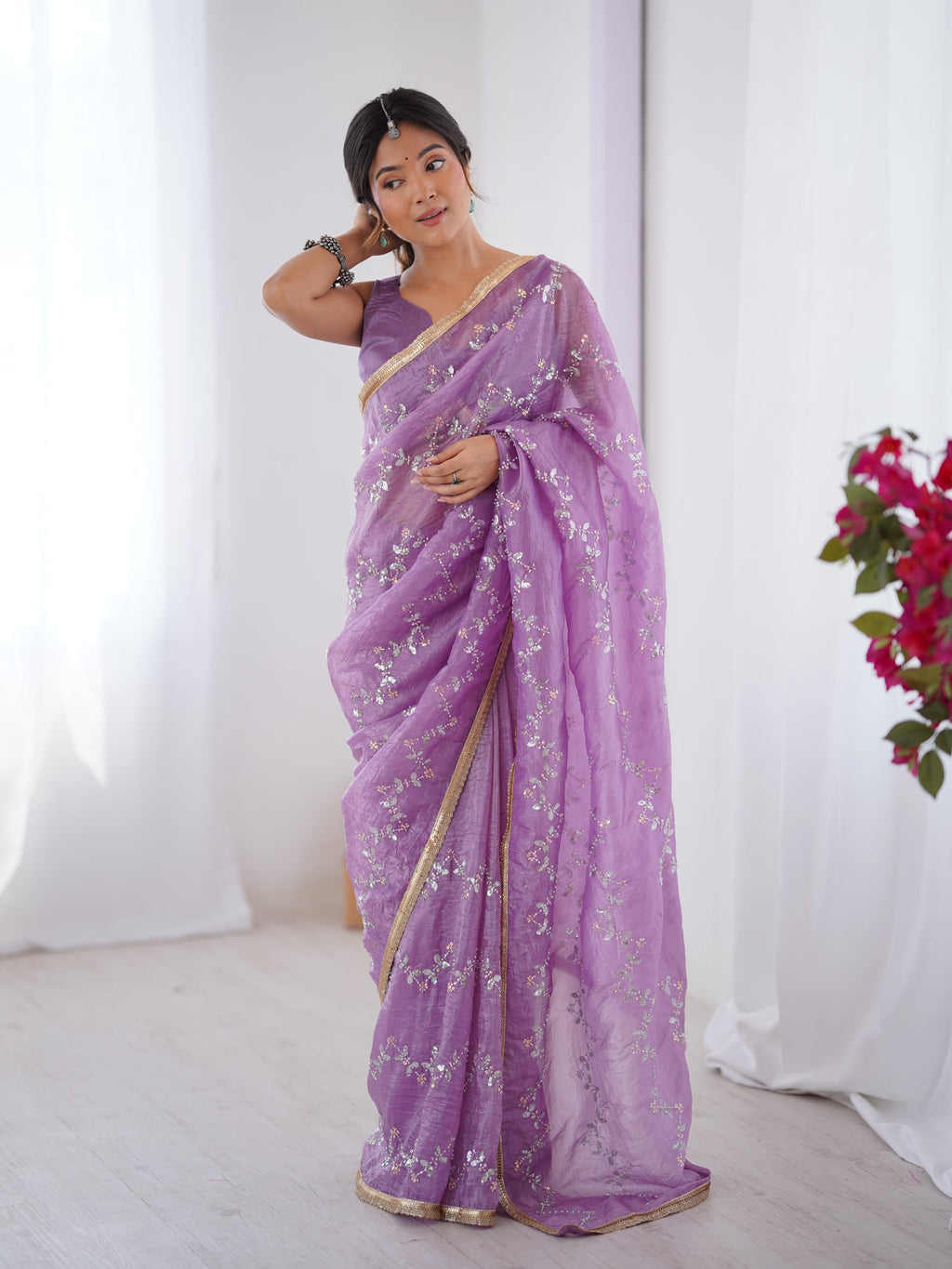 Jyoti Fashion Women's Purple Soft Gold Crush Embroidered Designer Saree with Blouse | Grocsy