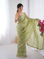 Jyoti Fashion Women's Sea Green Soft Gold Crush Embroidered Designer Saree with Blouse | Grocsy