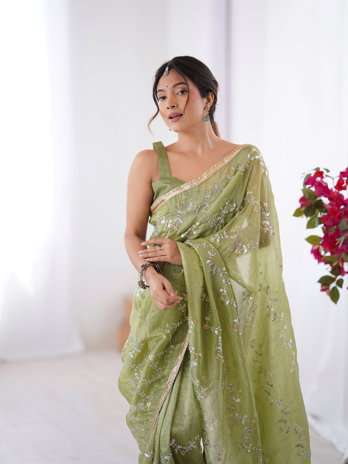 Jyoti Fashion Women's Sea Green Soft Gold Crush Embroidered Designer Saree with Blouse | Grocsy