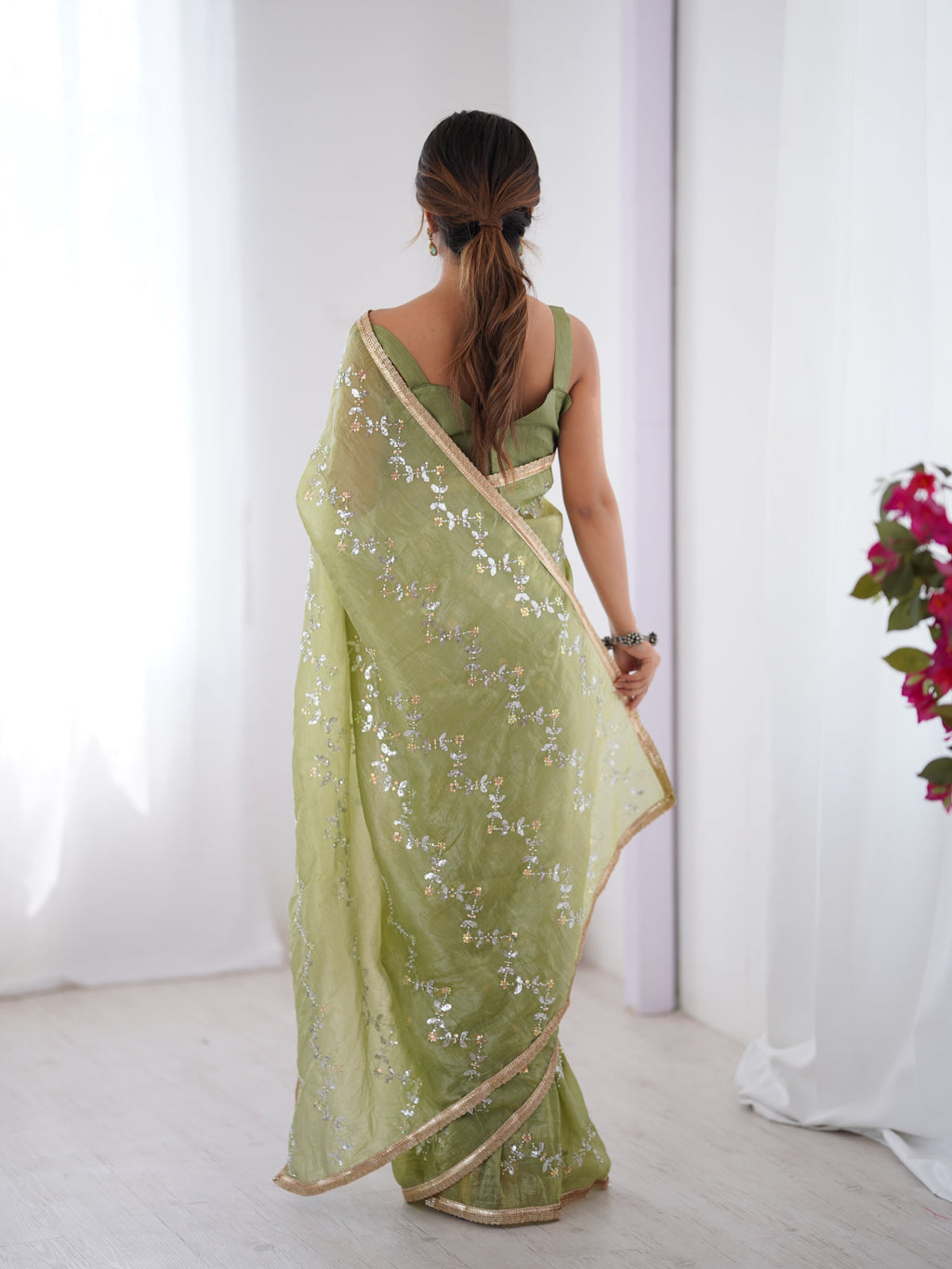 Jyoti Fashion Women's Sea Green Soft Gold Crush Embroidered Designer Saree with Blouse | Grocsy