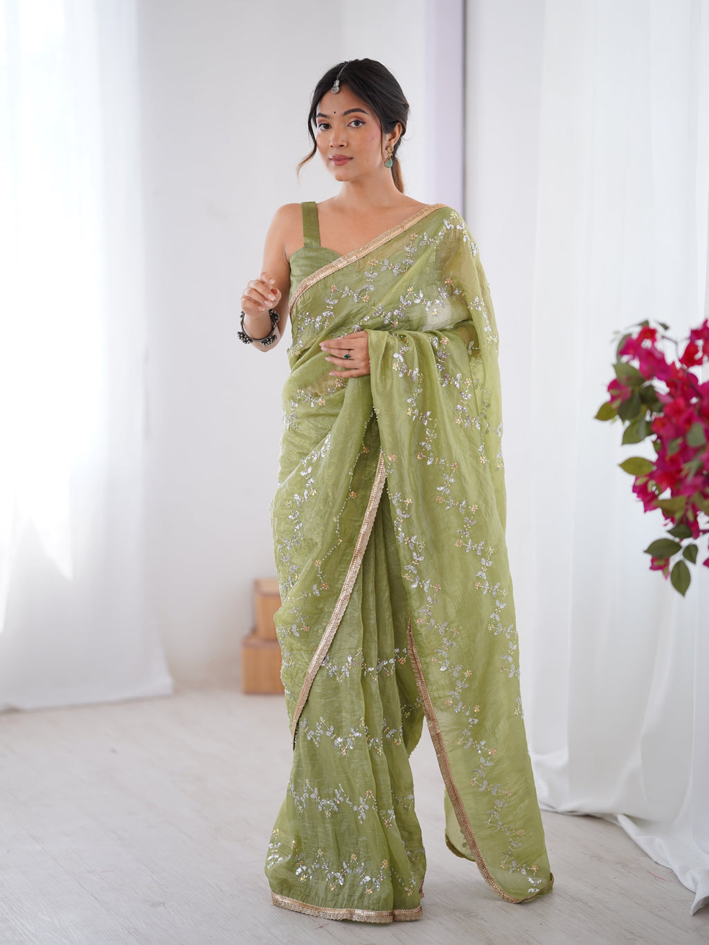 Jyoti Fashion Women's Sea Green Soft Gold Crush Embroidered Designer Saree with Blouse | Grocsy
