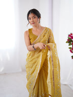 Jyoti Fashion Women's Mustard Soft Gold Crush Embroidered Designer Saree with Blouse | Grocsy