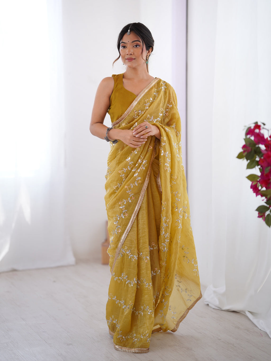 Jyoti Fashion Women's Mustard Soft Gold Crush Embroidered Designer Saree with Blouse | Grocsy
