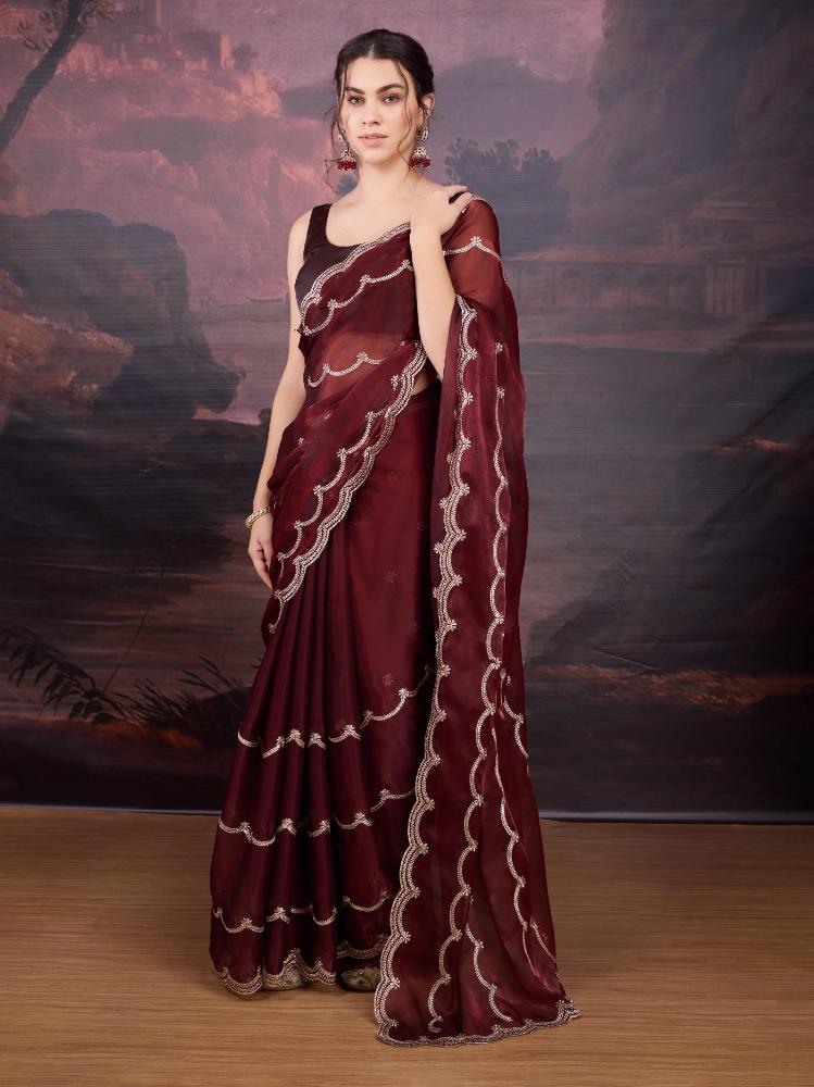 Jyoti Fashion Women's Brown Jimmy Choo Embroidered Designer Saree with Blouse | Grocsy