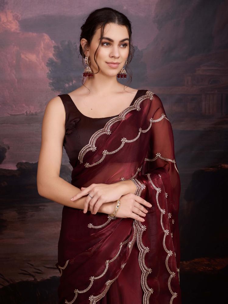 Jyoti Fashion Women's Brown Jimmy Choo Embroidered Designer Saree with Blouse | Grocsy
