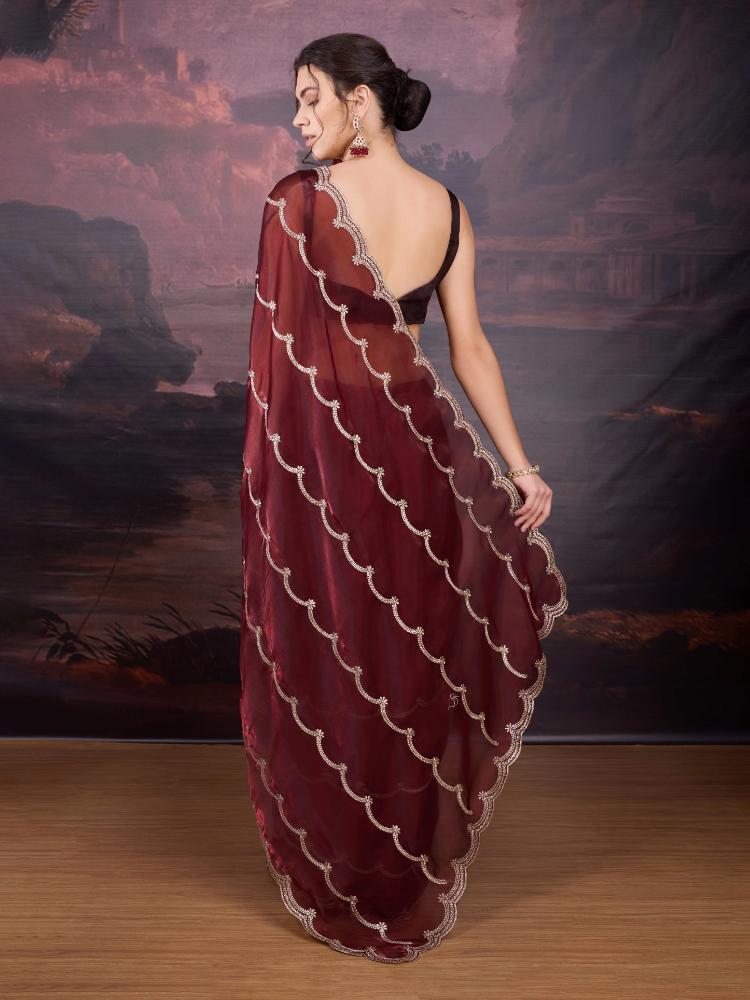 Jyoti Fashion Women's Brown Jimmy Choo Embroidered Designer Saree with Blouse | Grocsy