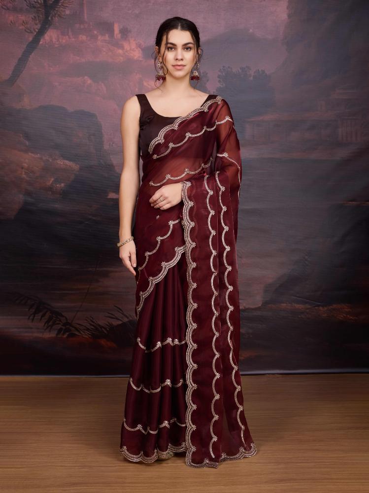 Jyoti Fashion Women's Brown Jimmy Choo Embroidered Designer Saree with Blouse | Grocsy