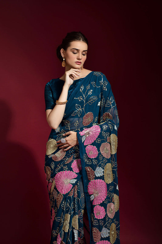 Jyoti Fashion Women's Morpich Sequence Embroidery Georgette Saree with Blouse | Grocsy