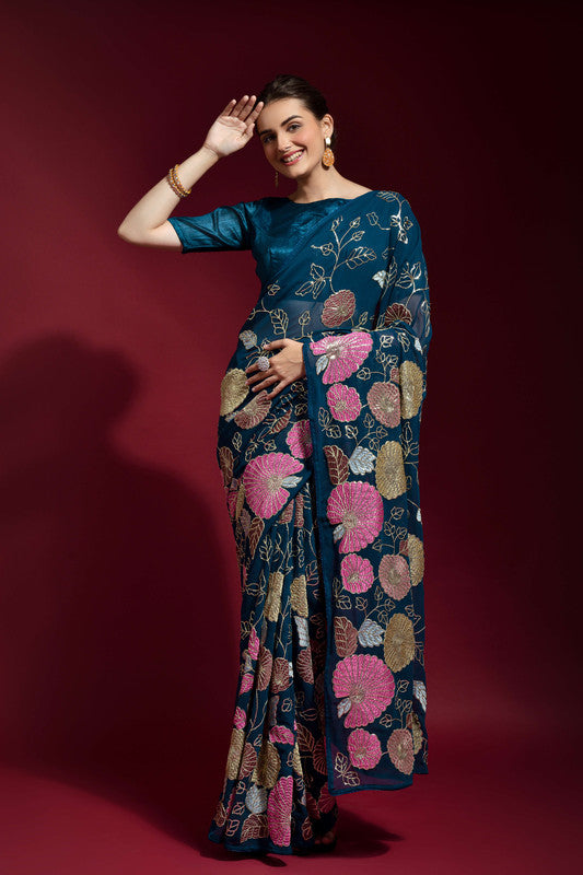 Jyoti Fashion Women's Morpich Sequence Embroidery Georgette Saree with Blouse | Grocsy