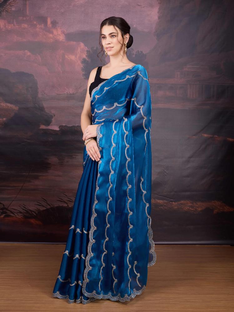 Jyoti Fashion Women's Blue Jimmy Choo Embroidered Designer Saree with Blouse | Grocsy