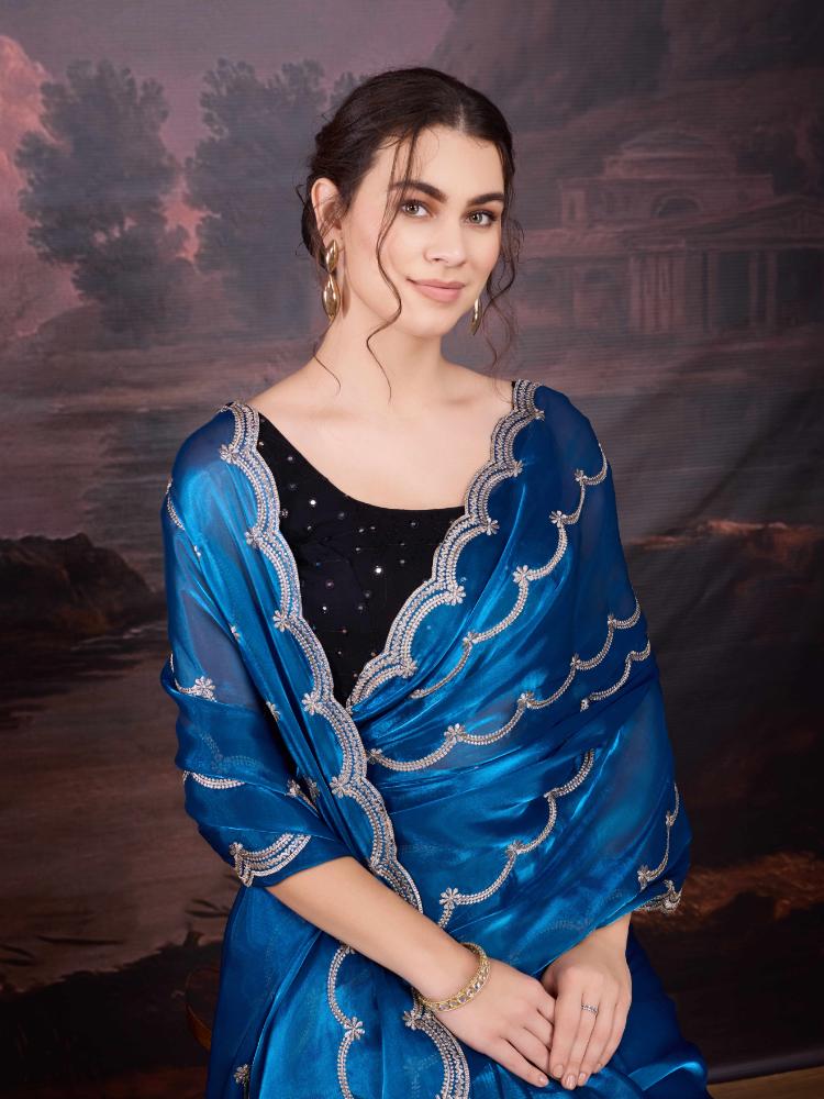 Jyoti Fashion Women's Blue Jimmy Choo Embroidered Designer Saree with Blouse | Grocsy