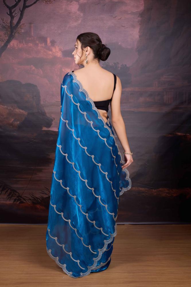 Jyoti Fashion Women's Blue Jimmy Choo Embroidered Designer Saree with Blouse | Grocsy
