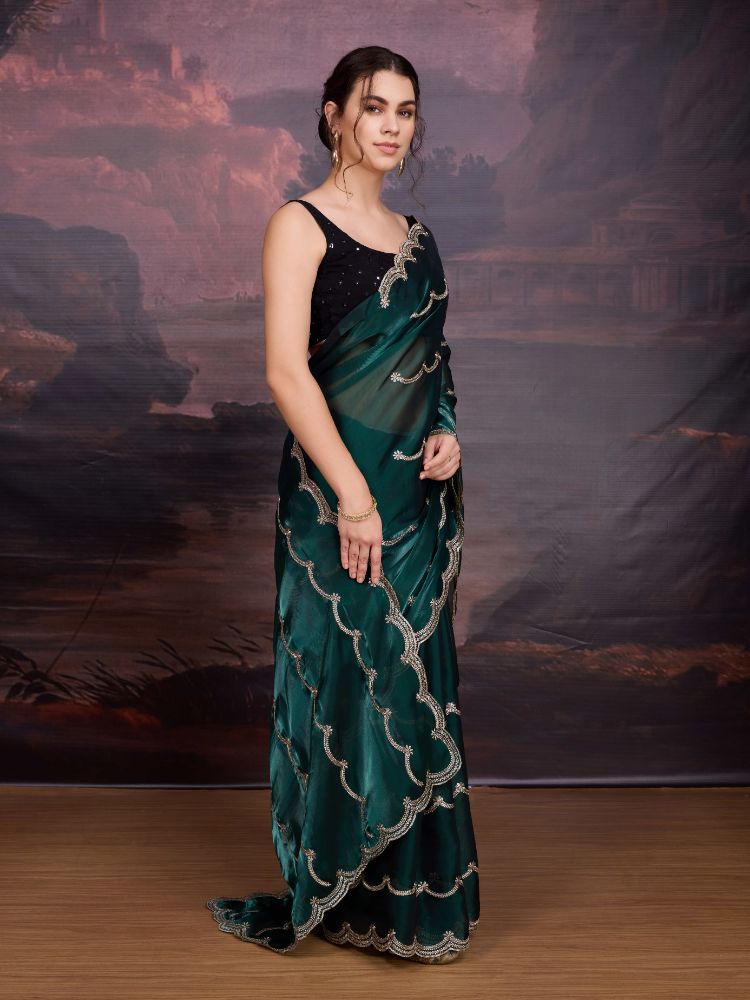 Jyoti Fashion Women's Bottle Green Jimmy Choo Embroidered Designer Saree with Blouse | Grocsy