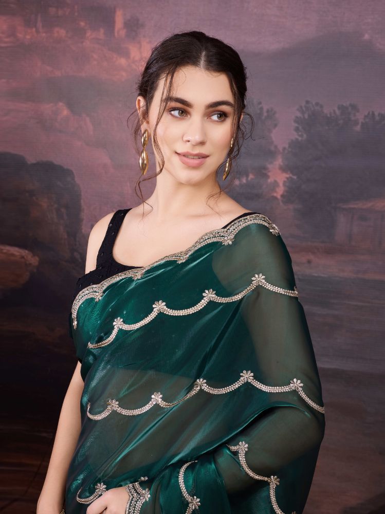 Jyoti Fashion Women's Bottle Green Jimmy Choo Embroidered Designer Saree with Blouse | Grocsy