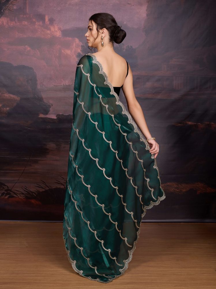 Jyoti Fashion Women's Bottle Green Jimmy Choo Embroidered Designer Saree with Blouse | Grocsy