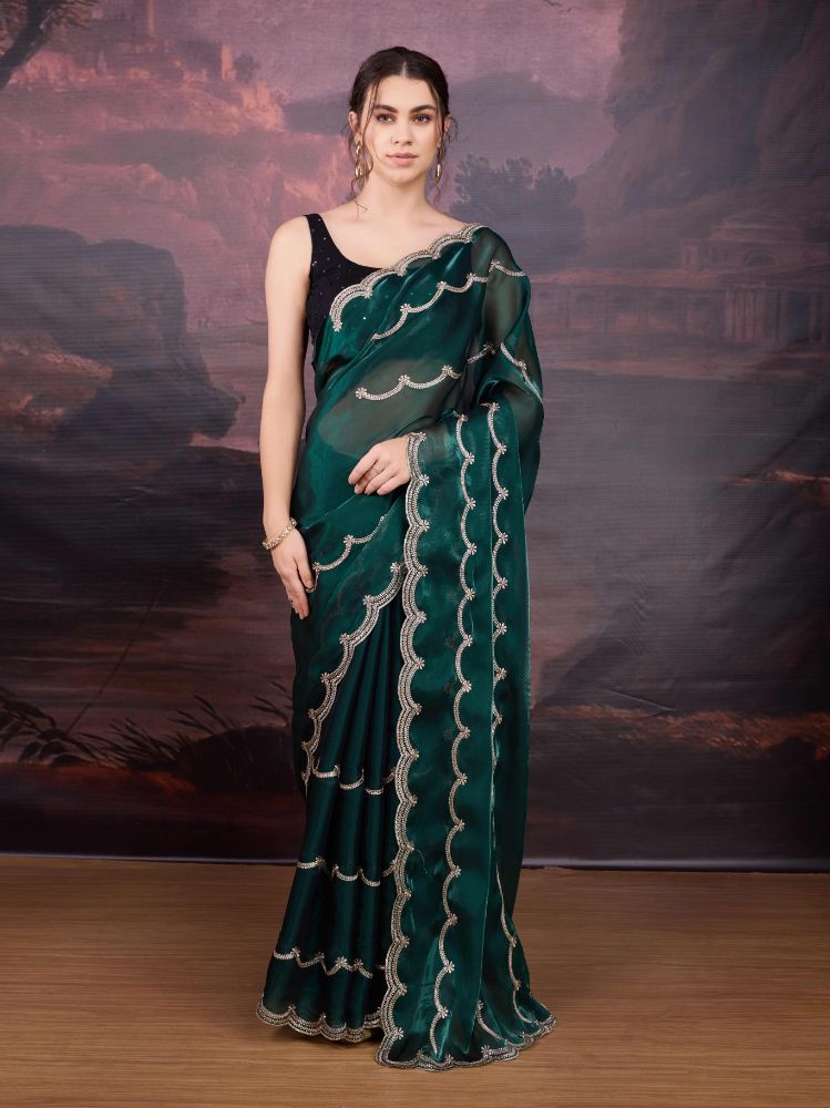 Jyoti Fashion Women's Bottle Green Jimmy Choo Embroidered Designer Saree with Blouse | Grocsy