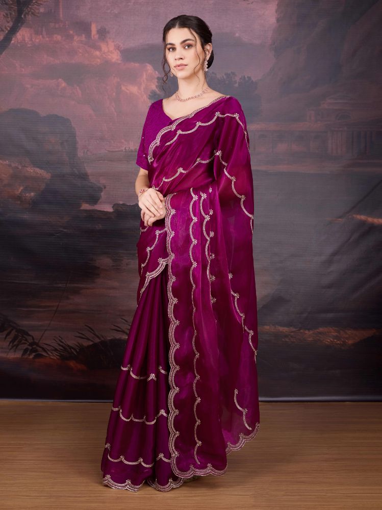 Jyoti Fashion Women's Wine Jimmy Choo Embroidered Designer Saree with Blouse | Grocsy