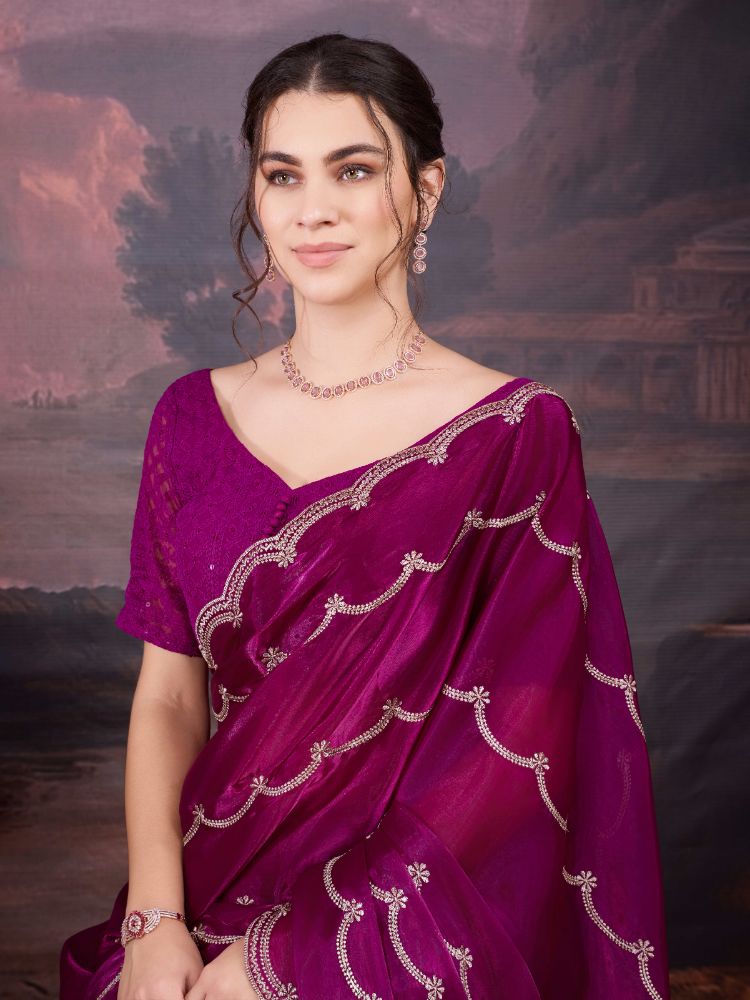 Jyoti Fashion Women's Wine Jimmy Choo Embroidered Designer Saree with Blouse | Grocsy
