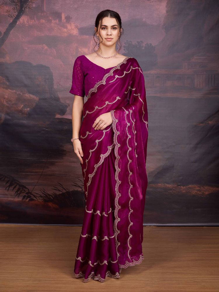 Jyoti Fashion Women's Wine Jimmy Choo Embroidered Designer Saree with Blouse | Grocsy