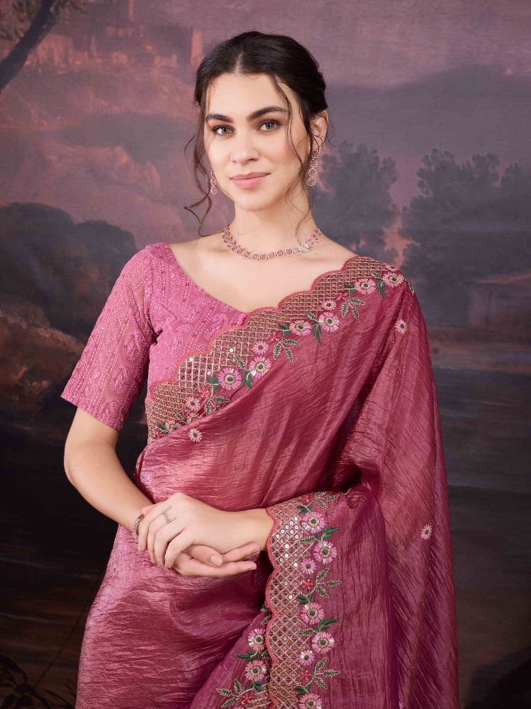 Jyoti Fashion Women's Pink Art Silk Sequins Embroidered Designer Saree with Blouse | Grocsy